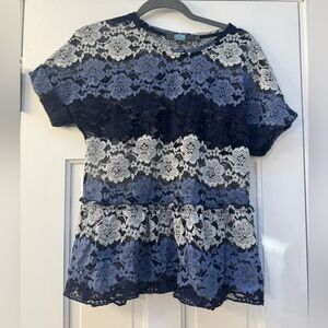 Eva Franco Navy and White Lace Short Sleeve Top